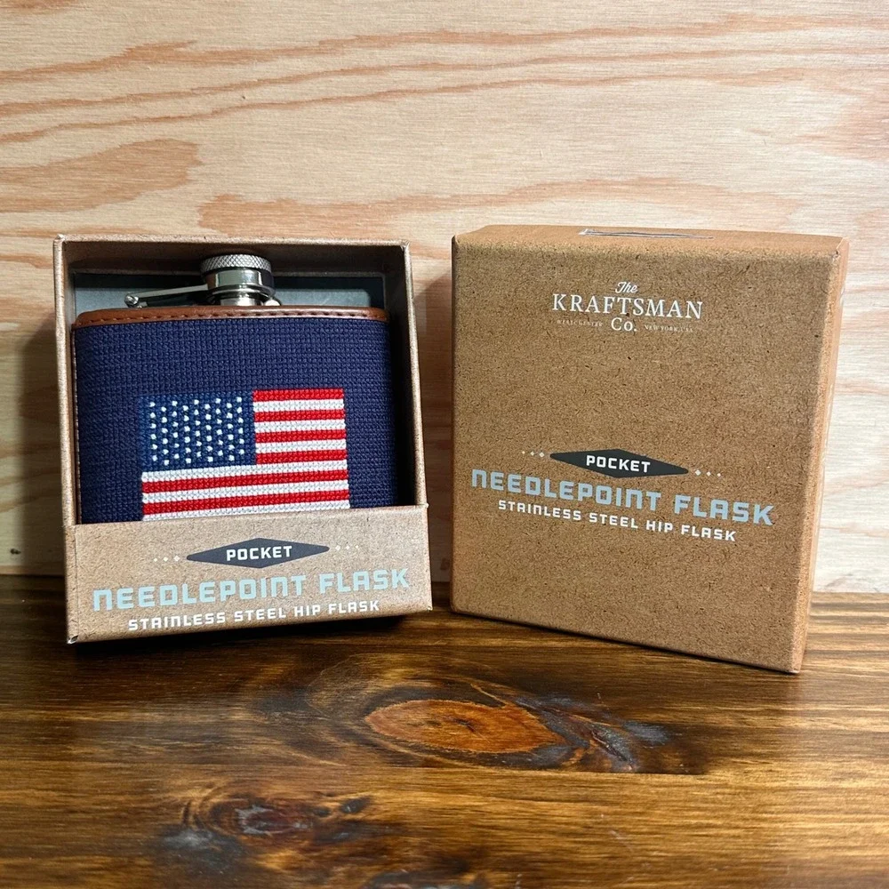 Needlepoint Flask Stars and Stripes American Flag Stainless Steel Kraftsman Co